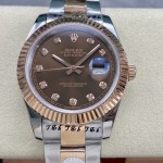 Datejust series men's watch with diamonds, chocolate-colored dial, rose gold bezel, 41mm, two-tone Oyster bracelet.
